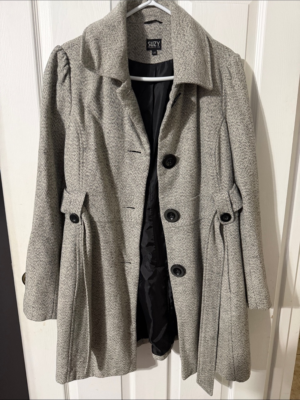 Suzy Shier Heather Gray Wool-Blend Pea Coat with Button Front